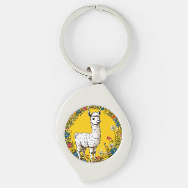 Glad vit lama swirl silverfärgad nyckelring (Framsidan)