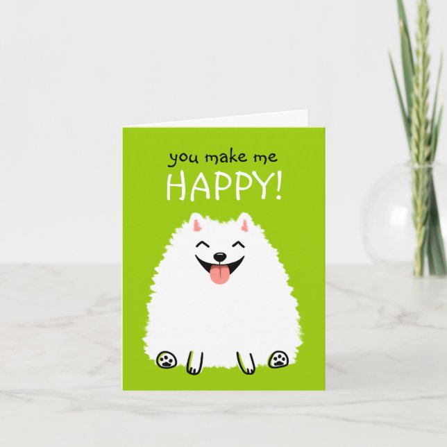 Glad vit Pomeranian med anpassad text Kort (Framsida)