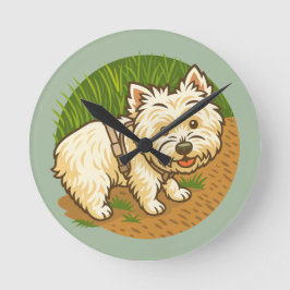 Glad Westie på naturstig Rund Klocka