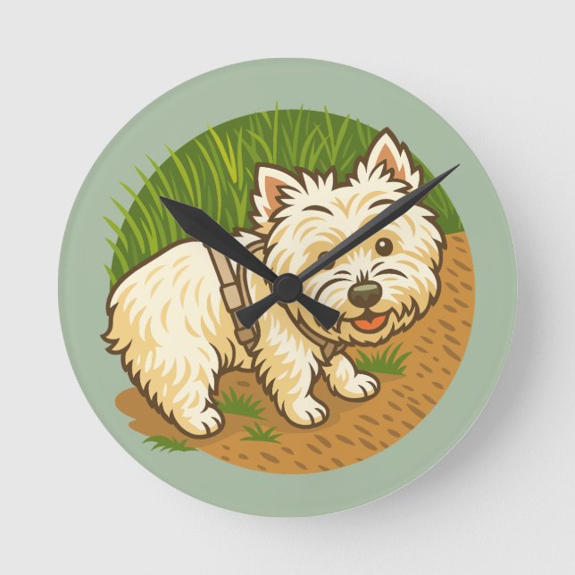 Glad Westie på naturstig Rund Klocka (Framsida)