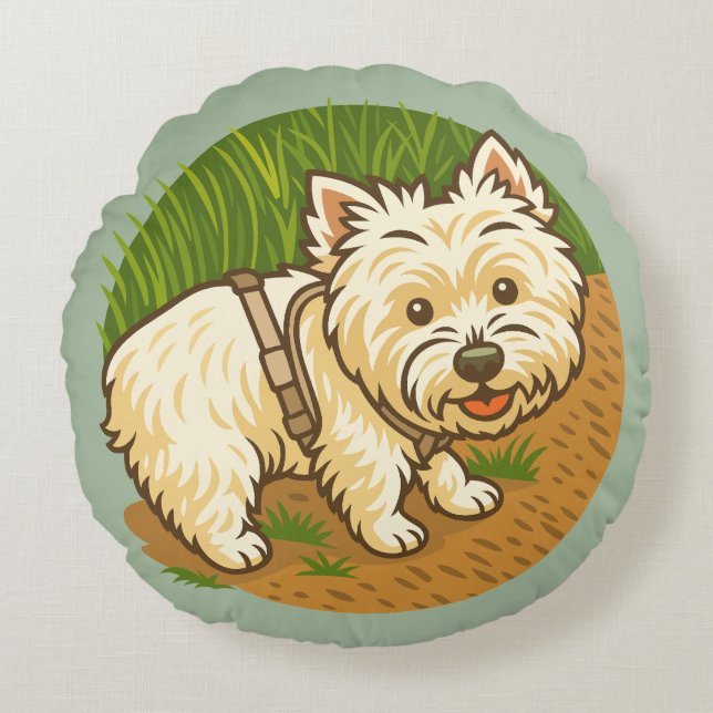 Glad Westie på Naturstig Rund Kudde (Framsidan)