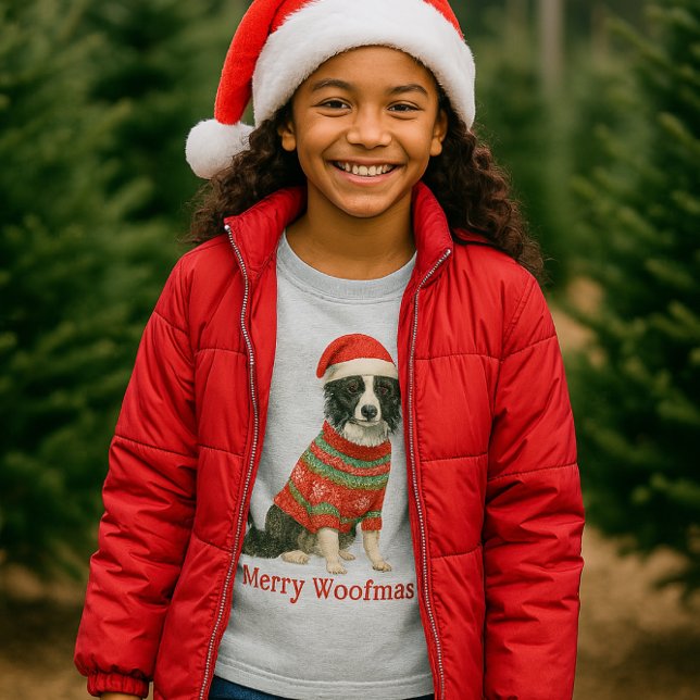 Glad Woofmas Border Collie Jul  T Shirt (Festive Border Collie fashion tee for girls )