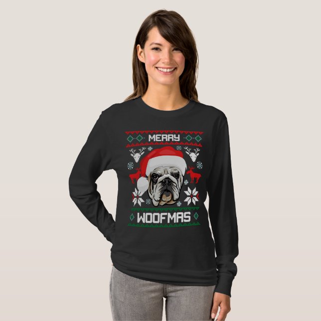 Glad Woofmas för engelsk bulldogg jul T Shirt (Hel framsida)