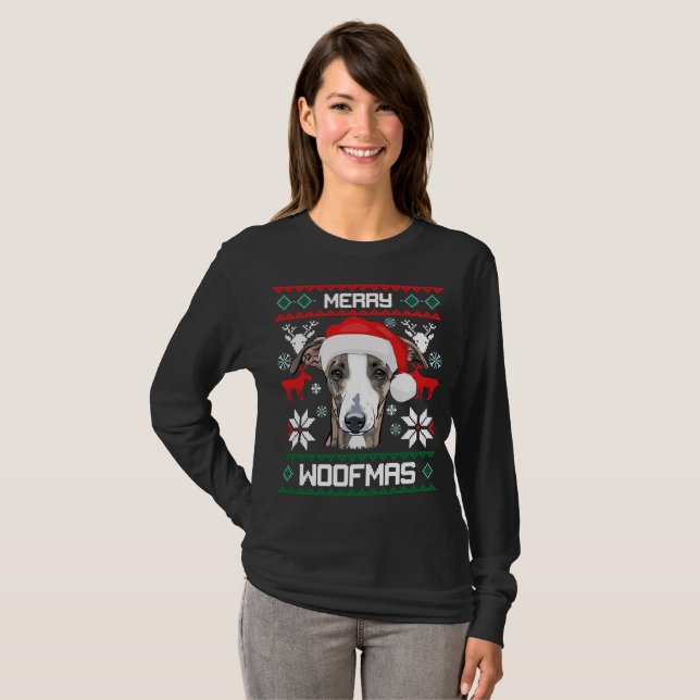 Glad Woofmas för italiensk vinthund jul T Shirt (Hel framsida)