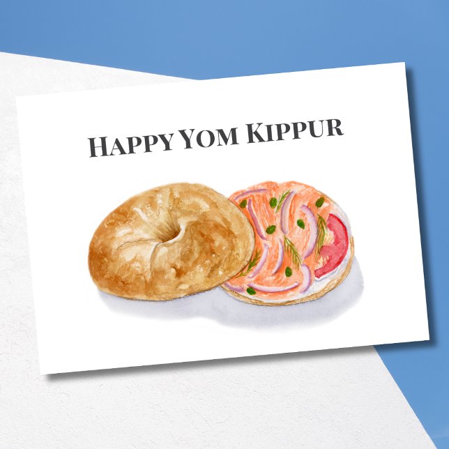 Glad Yom Kippur Akvarell Bagels Rökt Lax  Kort (Skapare uppladdad)