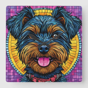 Glad Yorkshire Terrier Hund i Mosaikstil Fyrkantig Klocka