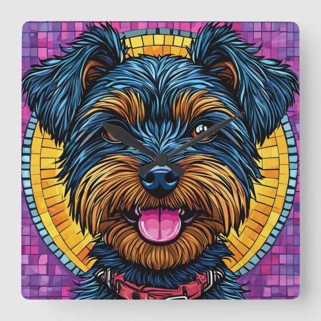 Glad Yorkshire Terrier Hund i Mosaikstil Fyrkantig Klocka (Framsida)