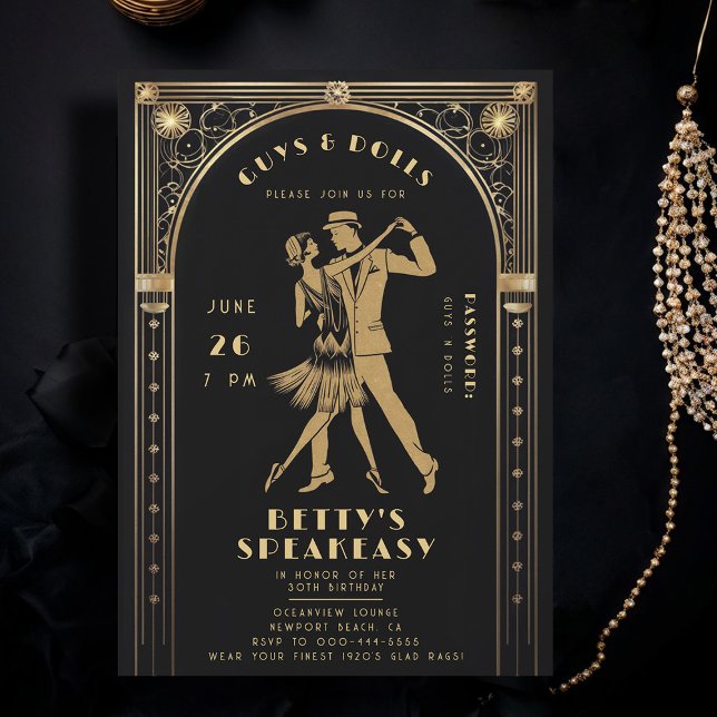 Glada 20-talet Gatsby Guld Flapper Hembränt Födels Inbjudningar (roaring 20s speakeasy gatsby flapper dance dancing couple gold black adult birthday party invitation)