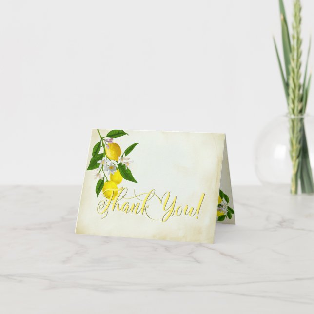 Glada akvarell citroner och blommor tack kort (Framsida)