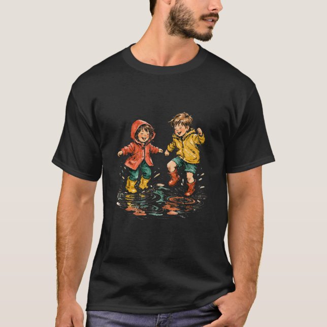 Glada barn som hoppar i regnpölar Vattenfärg T Shirt (Framsida)