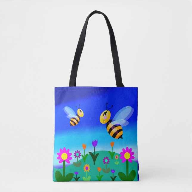 Glada bin i ett blomsterfält tygkasse (Framsida)