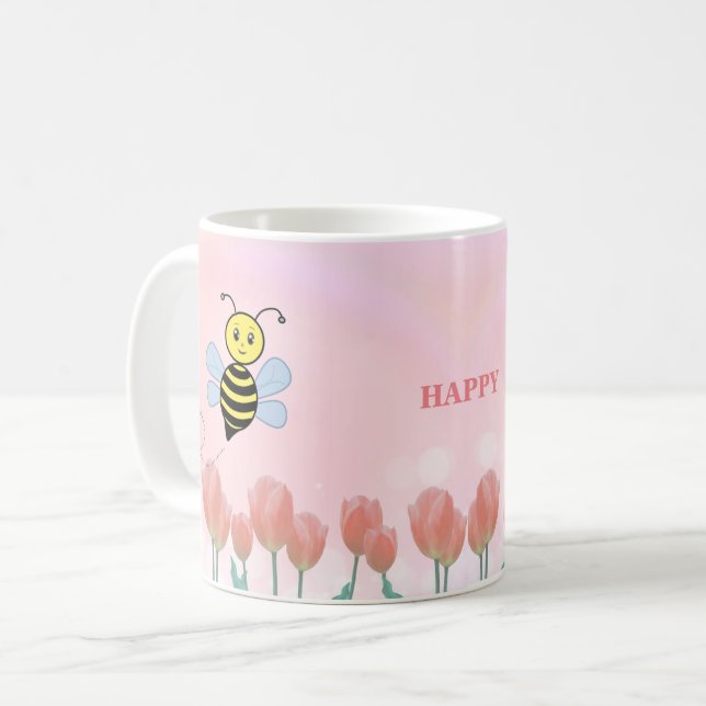Glada bin och rosa tulpaner kaffemugg (Framsida vänster)