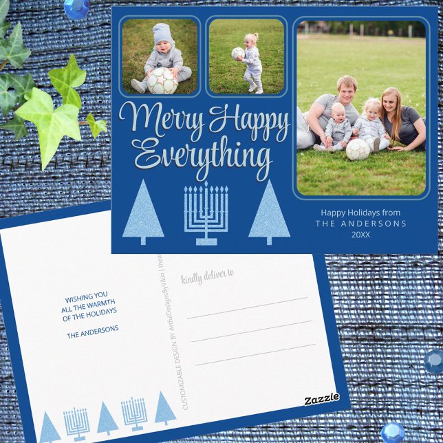 Glada Blå Interfaith Familj Barn 3 Foto Semestern Vykort (Celebrate Christmas and Hanukkah together with these blue Merry Happy Everything holiday postcards)