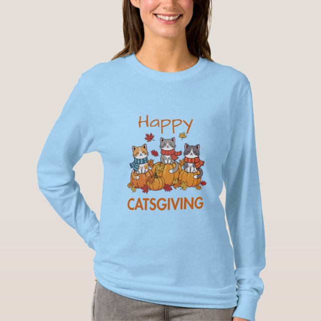 Glada Catsgiving Söt Thanksgiving Katt T Shirt (Framsida)