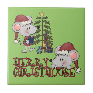 Glada Christmouse med träd Kakelplatta