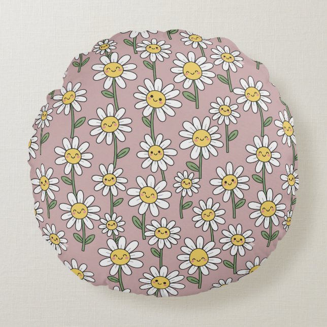 Glada Daisy Leenden Rosa Blommotiv Rund Kudde (Framsidan)