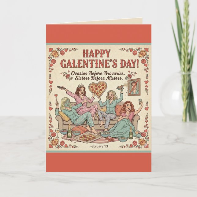 Glada Galentine's Day hälsning, Fyra vänner Kort (Framsida)