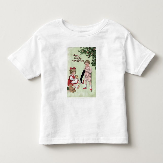 Glada glada ChristmasKids med leksaker vid träd T-shirt (Framsida)