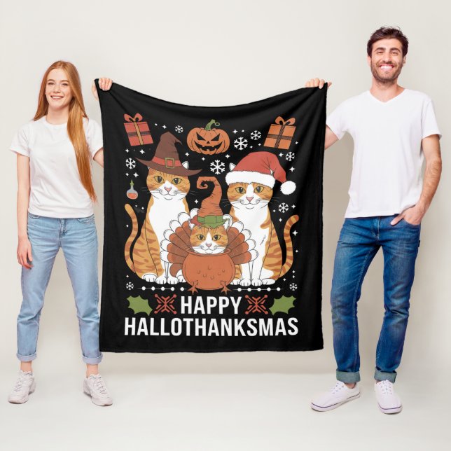 Glada Hallothanksmas Katter Halloween Jul  Fleecefilt (På plats)