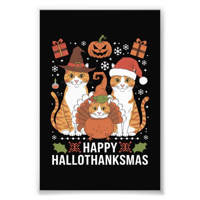Glada Hallothanksmas Katter Halloween Jul  Fototryck (Framsidan)