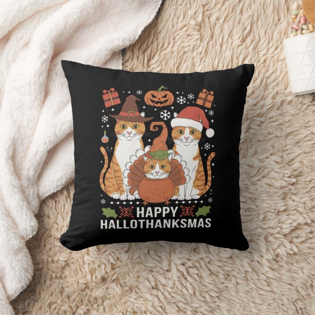 Glada Hallothanksmas Katter Halloween Jul  Kudde (Filt)
