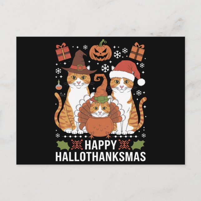 Glada Hallothanksmas Katter Halloween Jul  Vykort (Framsida)