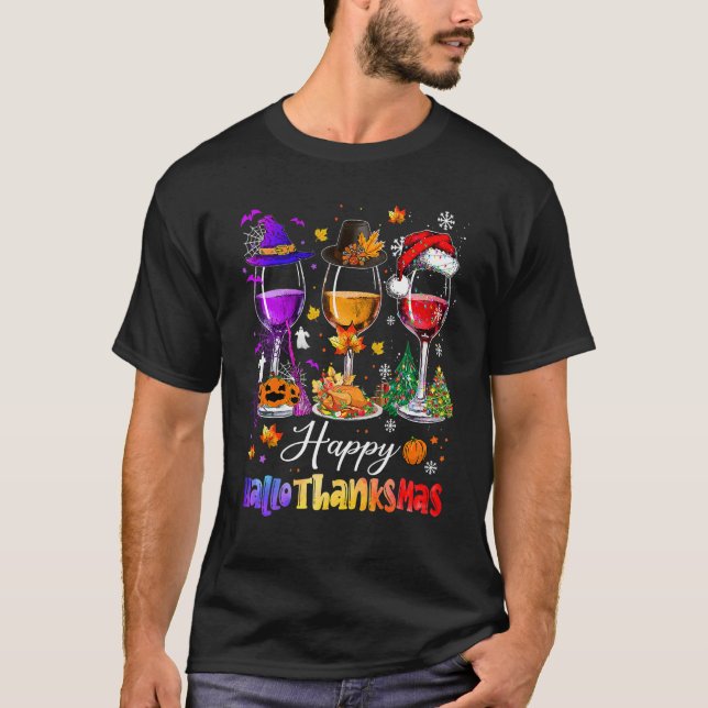 Glada Hallothanksmas Vinglas Häxa Tomte Hatt T Shirt (Framsida)