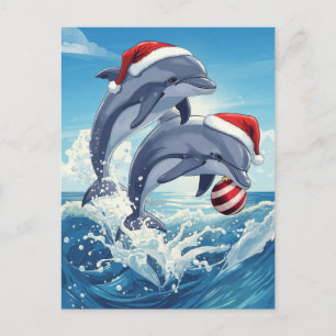 Glada Havs Delfiner Santa Hattar Jul Högtid Helg Vykort