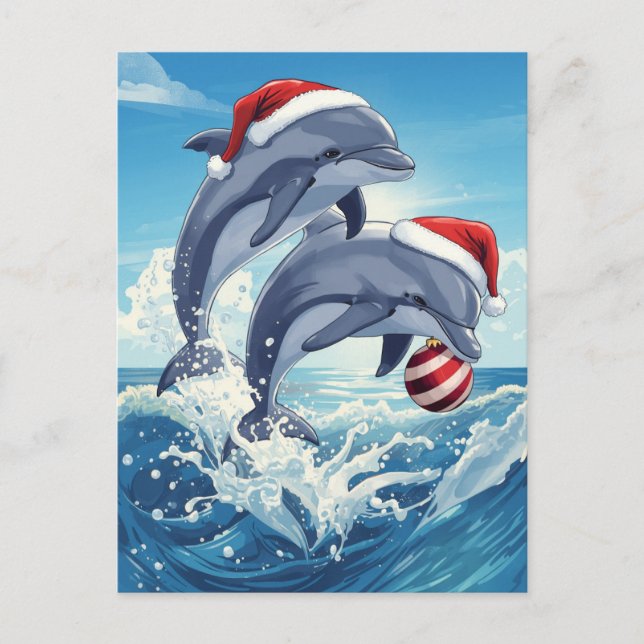 Glada Havs Delfiner Santa Hattar Jul Högtid Helg Vykort (Framsida)