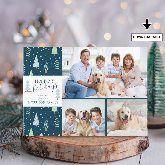 GLADA HELGDagar Blå Gröna Träd Skript 3 Bilder Julkort (Skapare uppladdad)