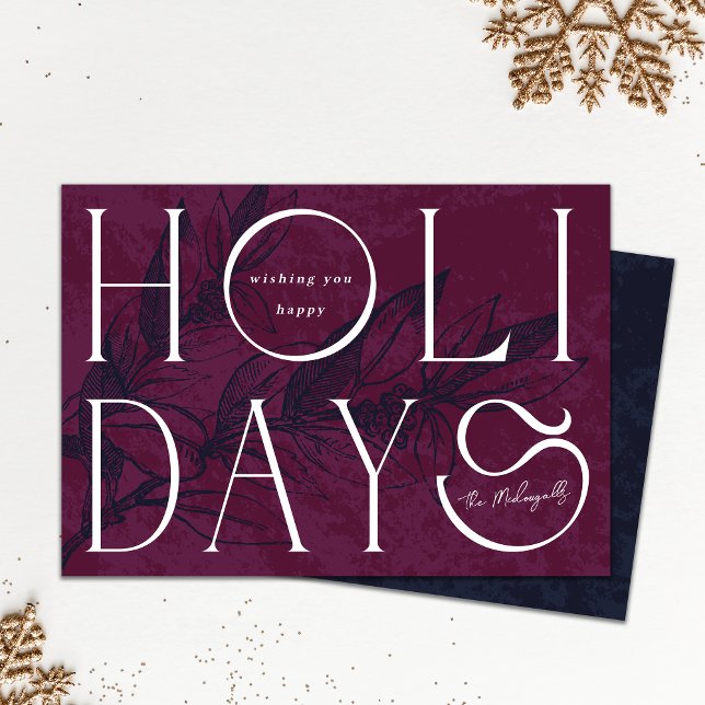 Glada helgdagar Elegant affärshögtidskort Julkort (Happy Holiday elegant burgundy holiday card shown on white background with gold snowflake ornaments )