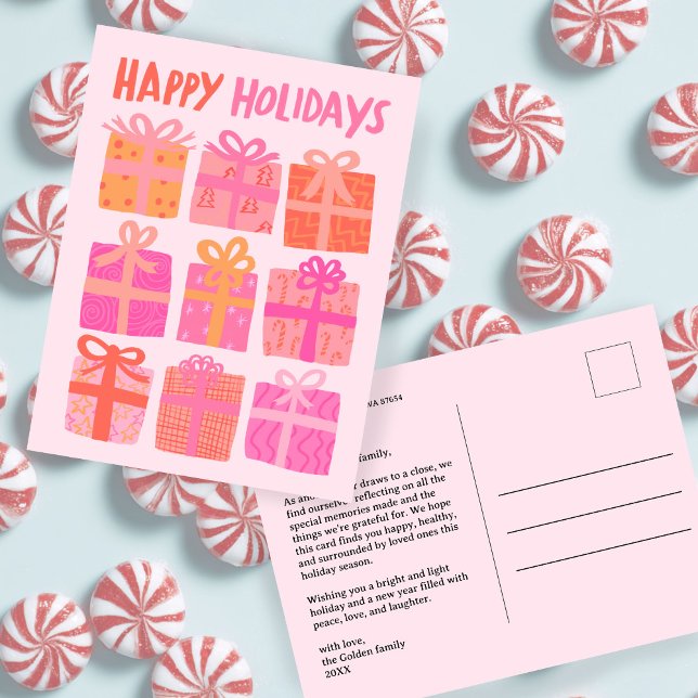 GLADA HELGDAGAR Gåvor Presenter Jul Anpassad Vykort (HAPPY HOLIDAYS Gifts Presents Christmas CUSTOM Pink Cute Holiday Postcard
)