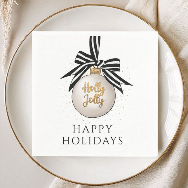 Glada helgdagar julgransprydnad vit svart pappersservett (Happy Holidays Christmas Bauble White Black Napkins)