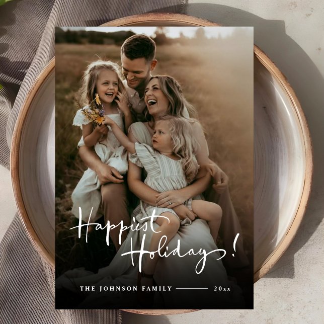 Glada helger | Anpassad elegant skrivstil foto Julkort (Happy Holidays | Custom Elegant Script Photo Holiday Card)