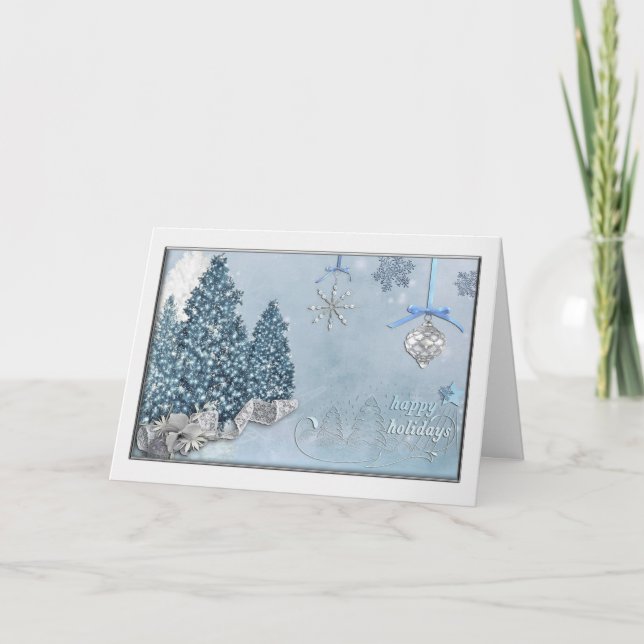 Glada helger Blå Träd Elegant Jul Kort (Framsida)