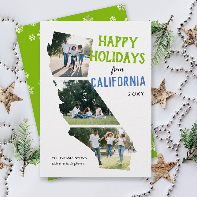 Glada helger från California Två Foto Kort (From California three photo Christmas holiday card for families, moving announcement )