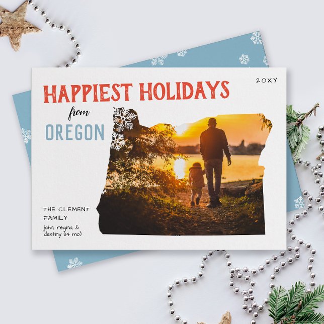 Glada helger från Oregon Fotokort Julkort (From the state of Oregon with love two photo Christmas holiday card and moving announcement)