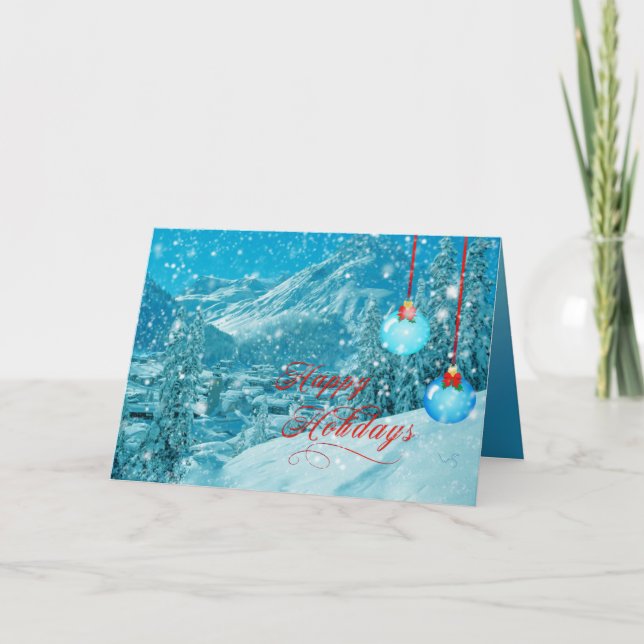 Glada helger Snöig vintersby Helgkort (Framsida)