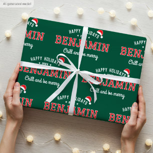Glada höger Name jul Santa mössa Grön Röd Presentpapper