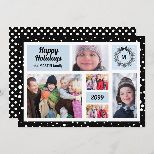 Glada högtider Blå och svart jul 5 Foto Julkort (Fram/baksida)