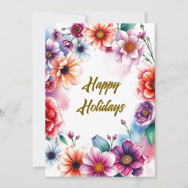 Glada högtider Blommor Vattenfärg God Jul Julkort (Framsida)