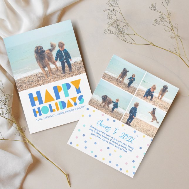 Glada högtider Färgrik fotokollage Högtidskort Julkort (Happy Holidays Confetti 5 Photo Greeting Card)