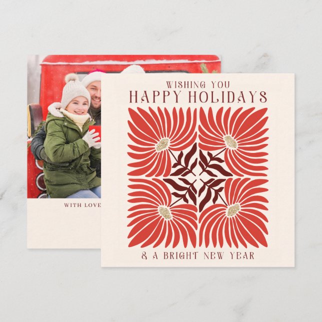 Glada högtider Foto Modern fet röd blommig  Julkort (Fram/baksida)