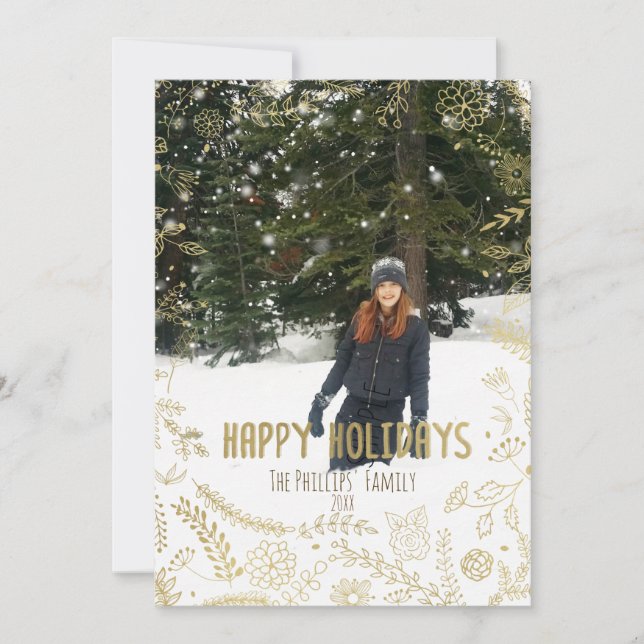 Glada högtider Guld Blommor Löv Rustik Fotografi Julkort (Framsida)