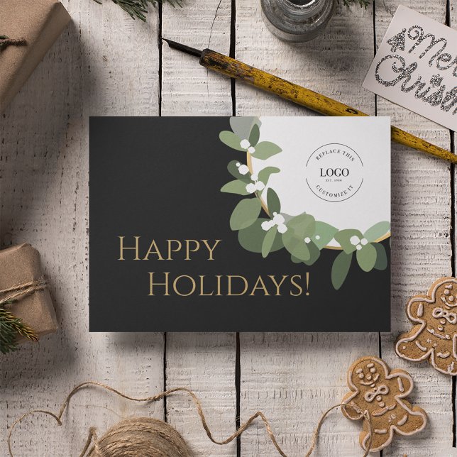 Glada Högtider Guld svart Modern Krans Din Logotyp Julkort (Flat "happy holidays" corporate logo Christmas card with green wreath.
)
