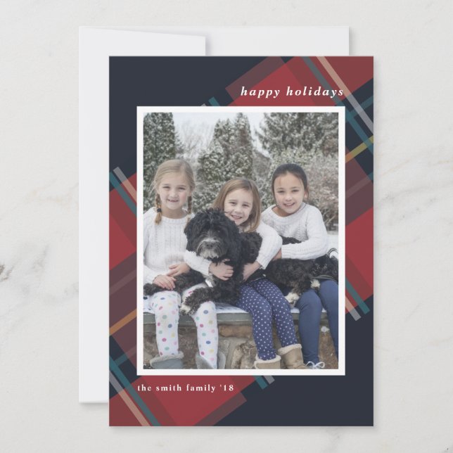 Glada högtider Röd Plaid Jul Anpassad Foto Julkort (Framsida)