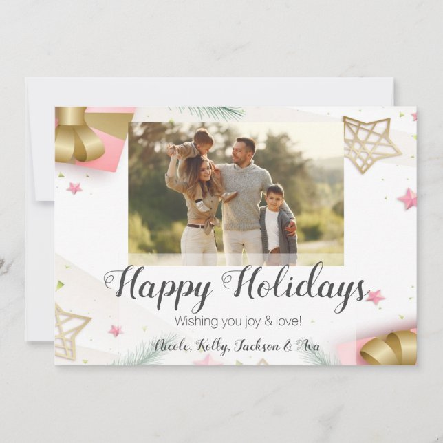 Glada högtider Rosa och Guld Foto & Anpassad text Julkort (Framsida)