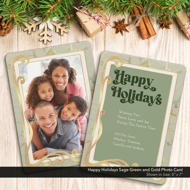 Glada Högtider Sagegrön och Guld Fotokort Julkort (Happy Holidays, Sage Green and Gold Holiday Photo Greeting Card)