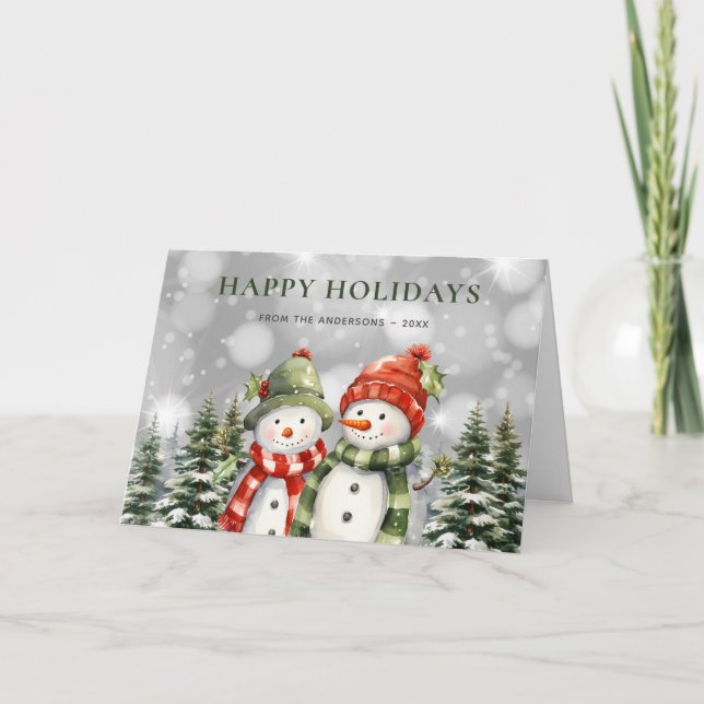 Glada högtider Snömannen Skog Poinsettia Högtid Kort (Framsida)
