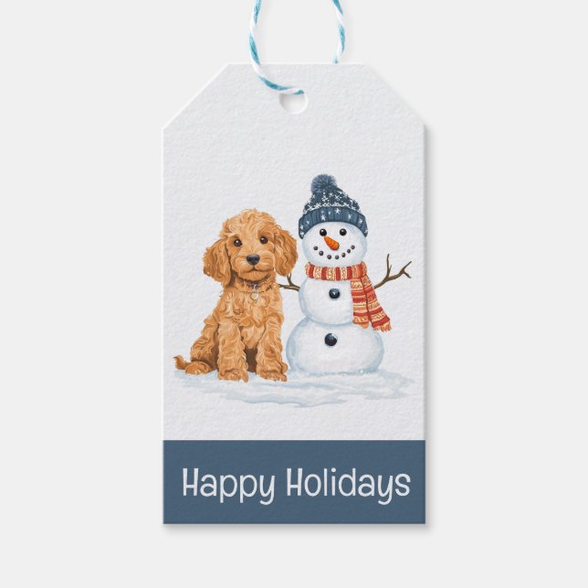 Glada högtider Vinter Goldendoodle Hund Snöman Presentetikett (Framsidan)